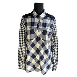 BKE Buckle Blue and White Plaid Rope Shoulder Snap Front Button Down Size M